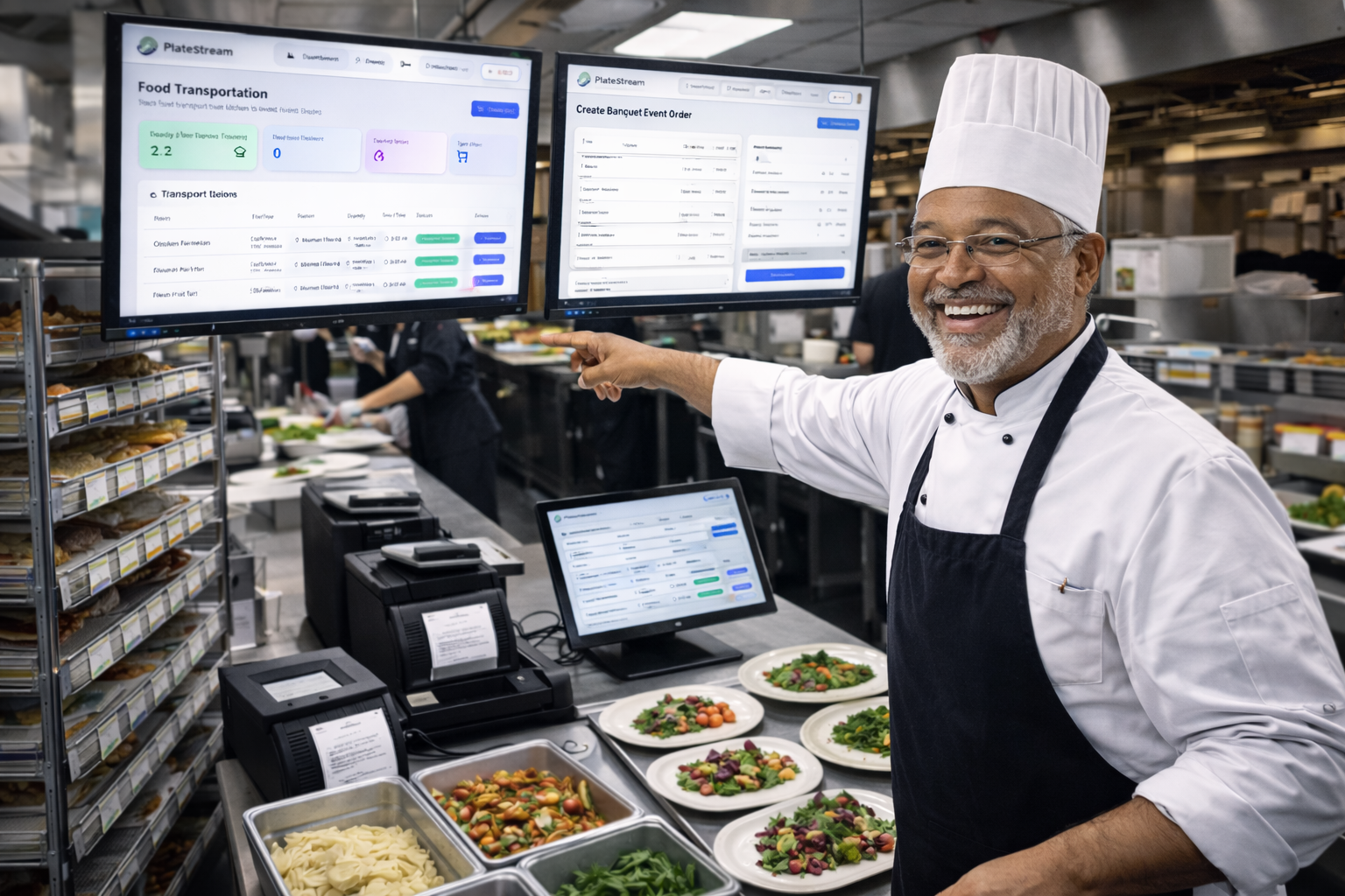 Chef using tablet for digital workflow management in modern kitchen